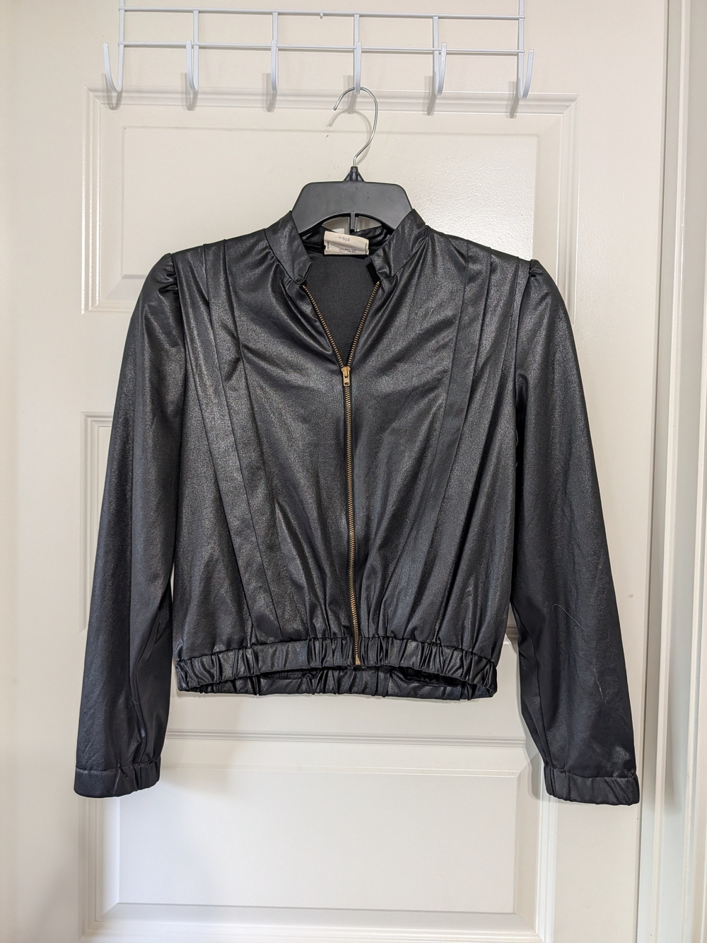 Vintage Surf And Turf Women's Black Faux-Leather Bomber Jacket with Elastic Hem